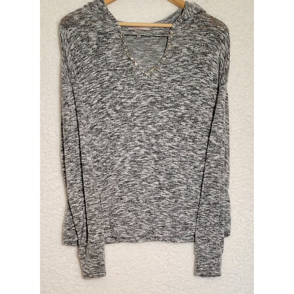Juicy Couture Pullover Sweater Medium Hacci Hooded Womens Vneck Long Sleeve 0222 - Picture 1 of 9